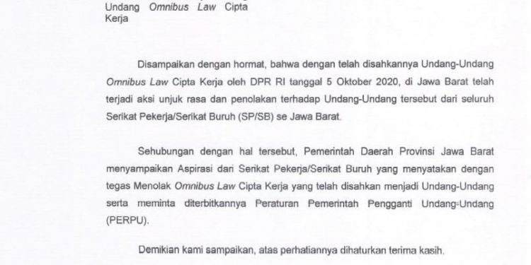 Penyampaian Aspirasi Aliansi Serikat Pekerja/Serikat Buruh Kepada Gubernur Jabar, Begini Isi Suratnya Kepada Presiden Jokowi